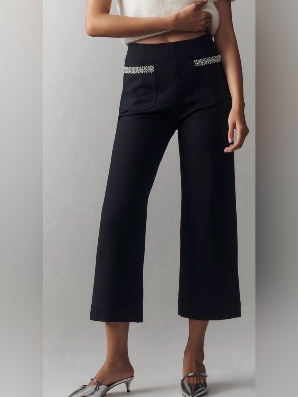 Maeve Anthropologie 28 Black Wide-Leg Crop Colette Pants Embellished Pockets NEW